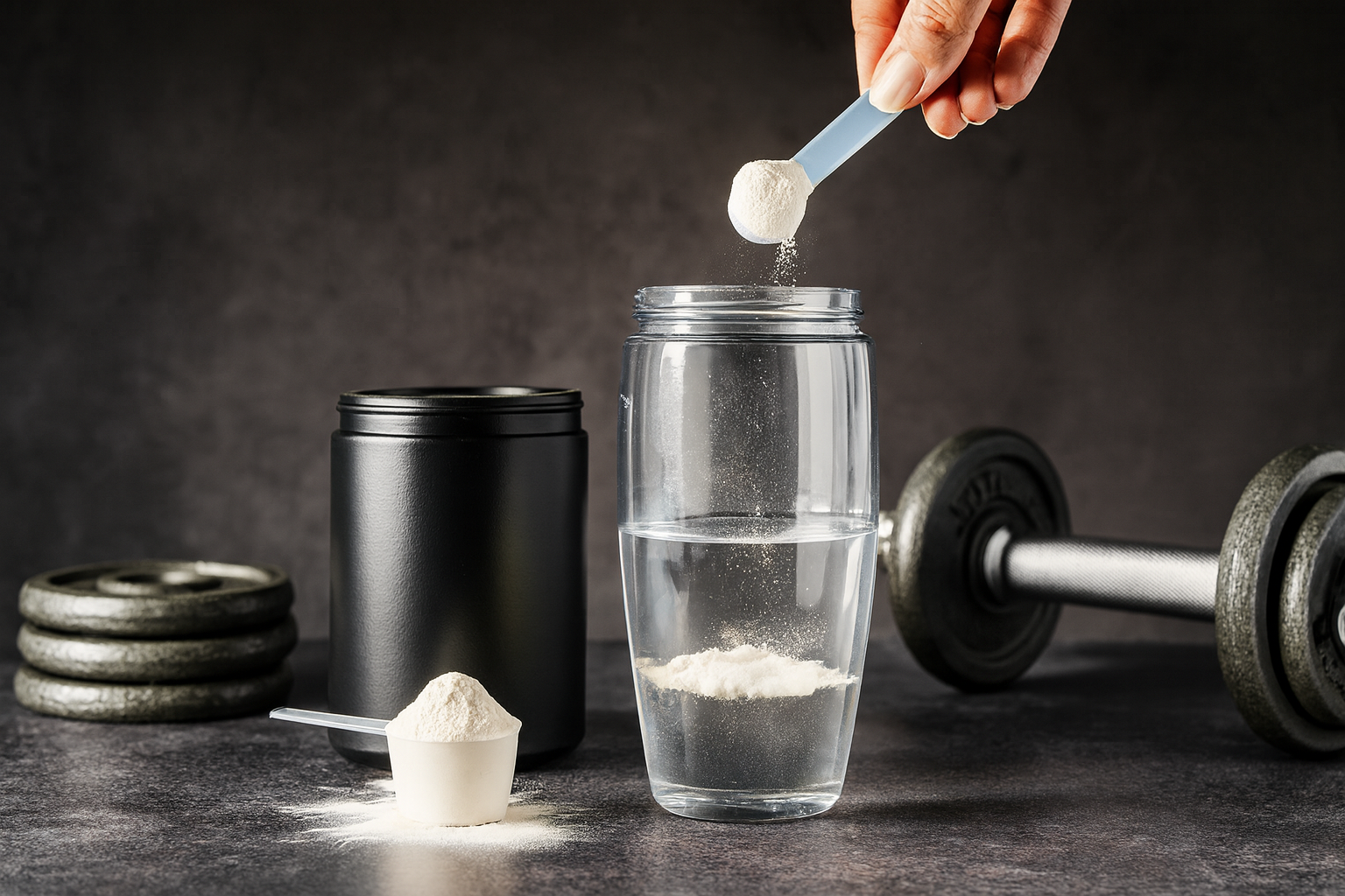 Pote de creatina monohidratada ao lado de um copo de água, transmitindo uso diário e simplicidade.