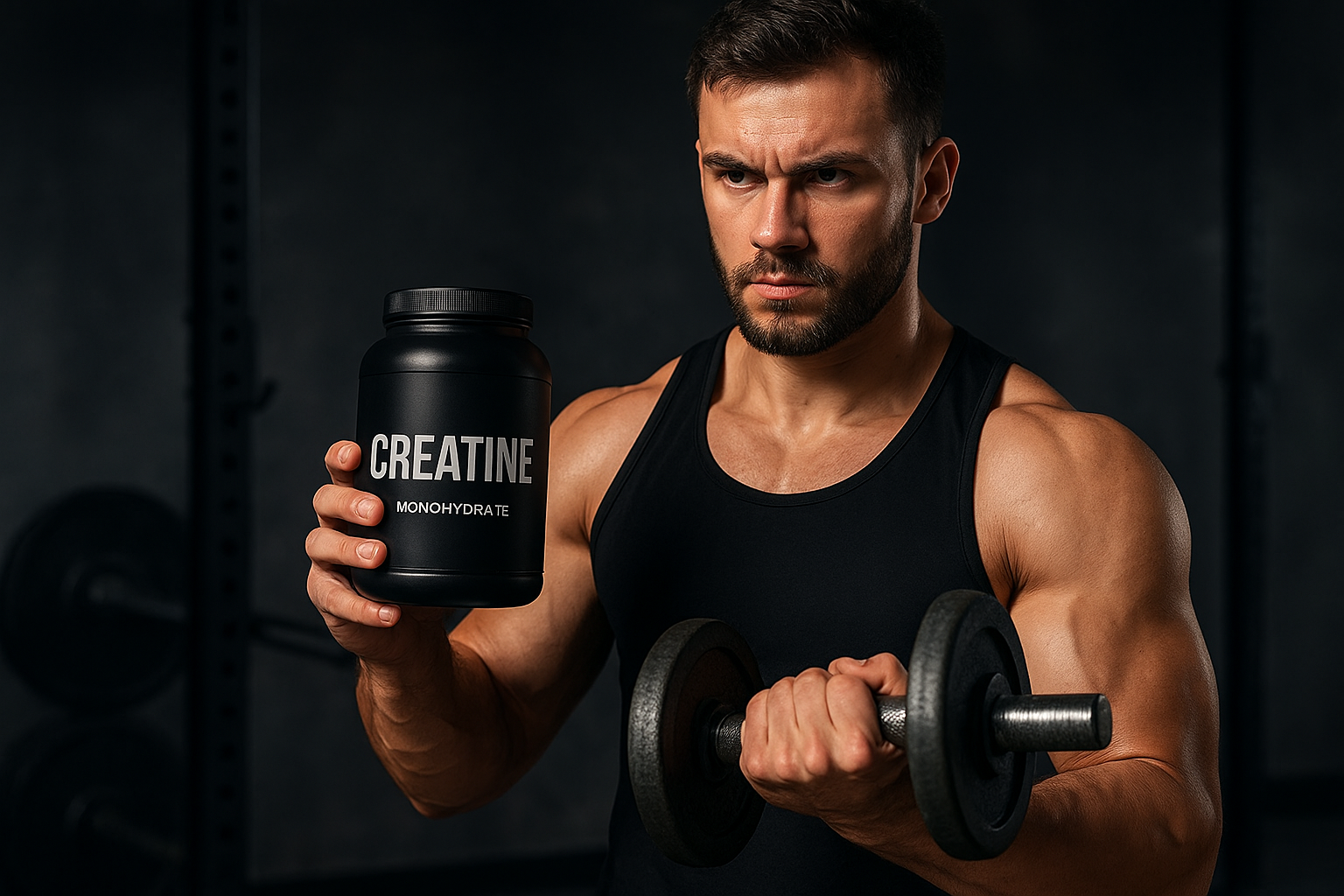 Homem musculoso segurando suplemento de creatina durante treino, simbolizando dedicação e performanc